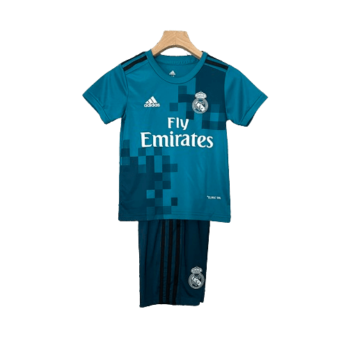 Conjunto Retrô Infantil Real Madrid ll 2017/18 Azul Modelo Torcedor