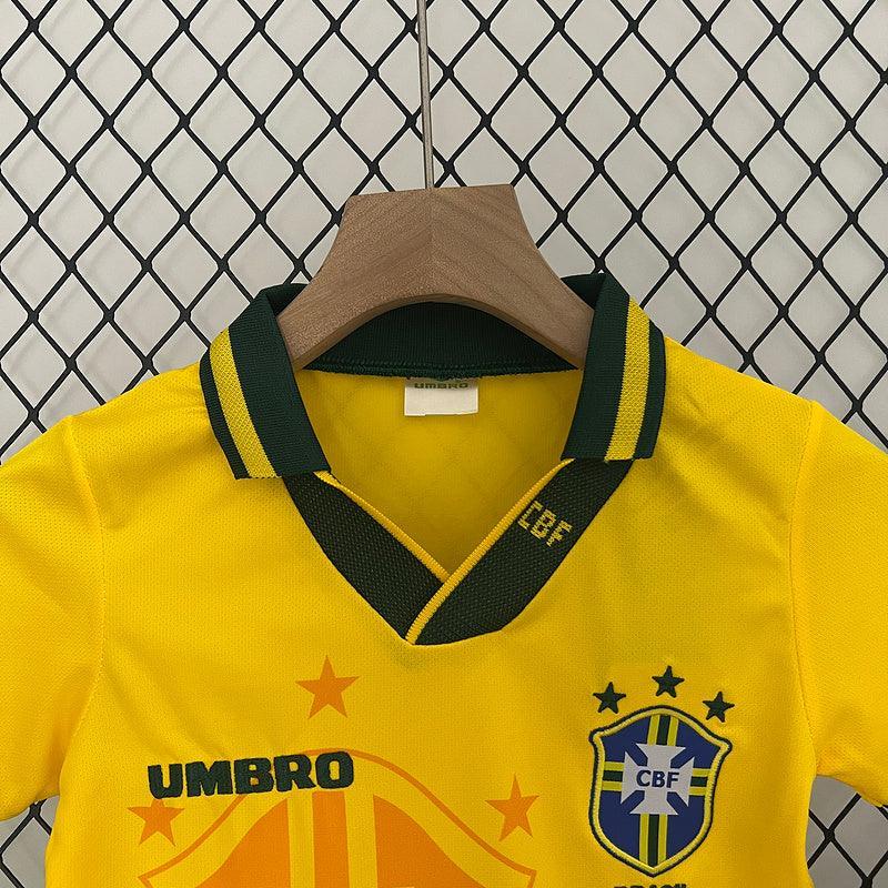 Conjunto Retrô Infantil Seleção Brasil l 1994 Amarelo Modelo Torcedor
