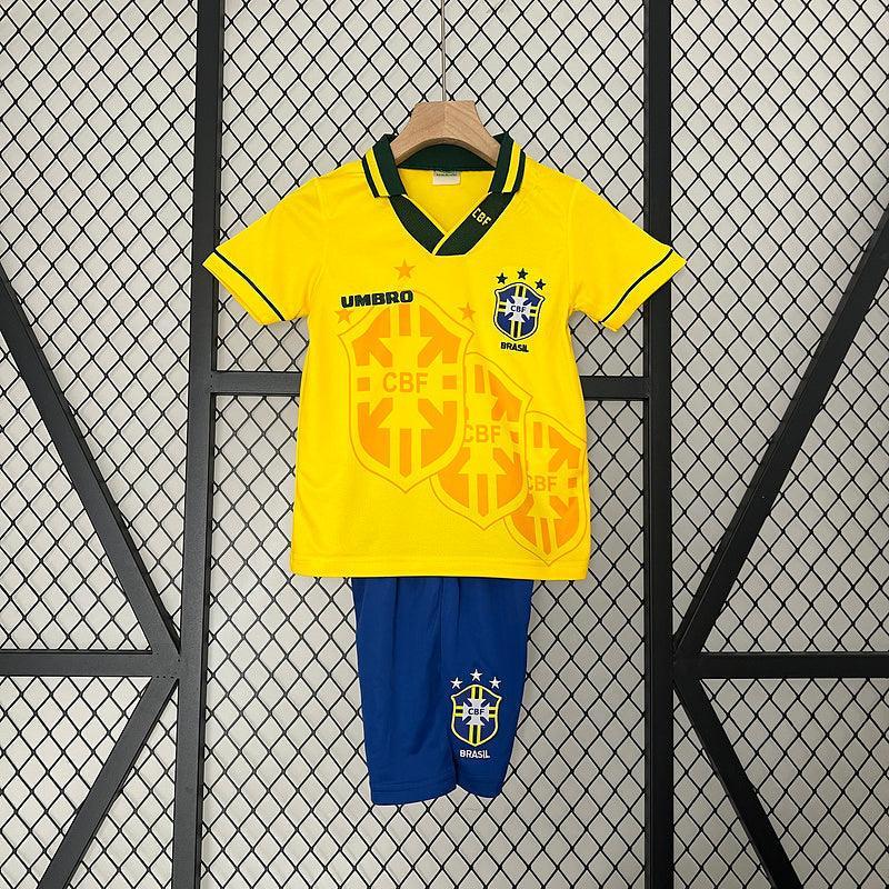 Conjunto Retrô Infantil Seleção Brasil l 1994 Amarelo Modelo Torcedor