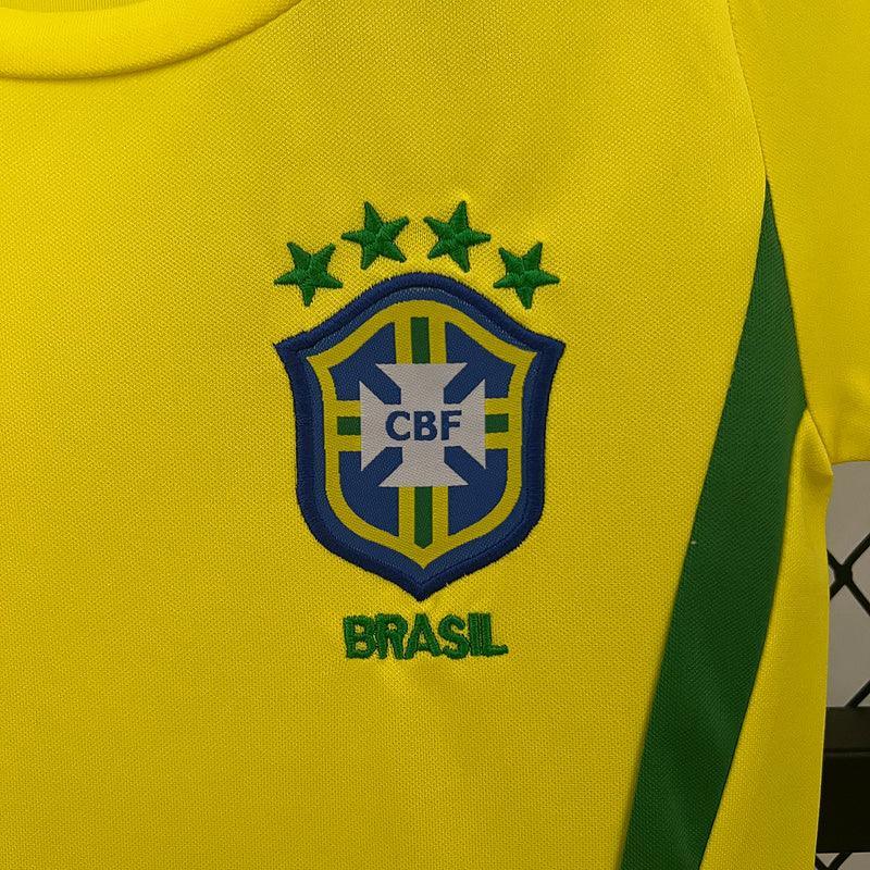 Conjunto Retrô Infantil Seleção Brasil l 2002 Amarelo Modelo Torcedor