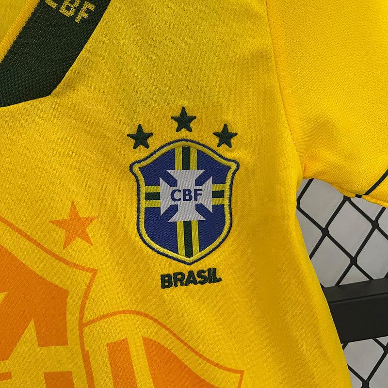 Conjunto Retrô Infantil Seleção Brasil l 1994 Amarelo Modelo Torcedor