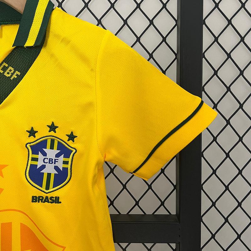 Conjunto Retrô Infantil Seleção Brasil l 1994 Amarelo Modelo Torcedor
