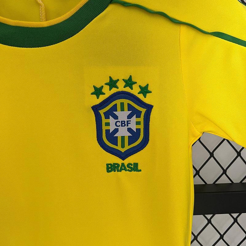Conjunto Retrô Infantil Seleção Brasil l 1998 Amarelo Modelo Torcedor